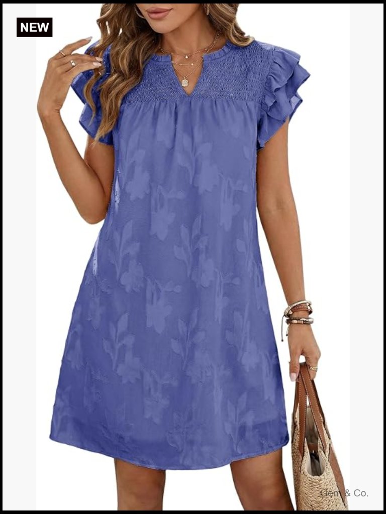 Ruffle Short Sleeve Smocked Floral Burnout Mini Dress Sundress